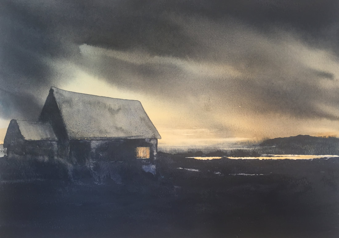 coastal cottage painting for sale. Dramatic tonal original watercolour painting of the west of ireland